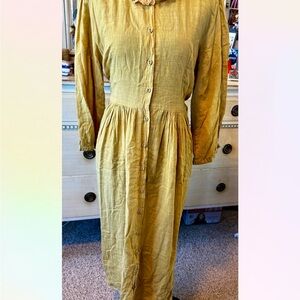 Cottagecore Mustard Button-Front Ruffle Trim Midi Dress